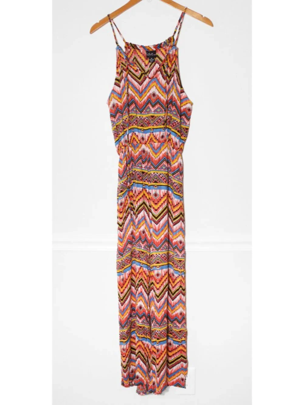 Love by Chesley Aztec Print Jumpsuit Crinkle Rayon Lightweight Beach Coral Sz M
